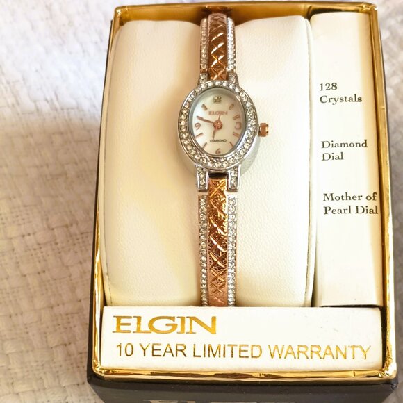 Elgin Two Tone Oval Dress Watch Diamond & Mother of Pearl Dial Crystal Bezel - Picture 1 of 12